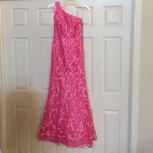 Pink Jovani one-shoulder with swirl appliqué